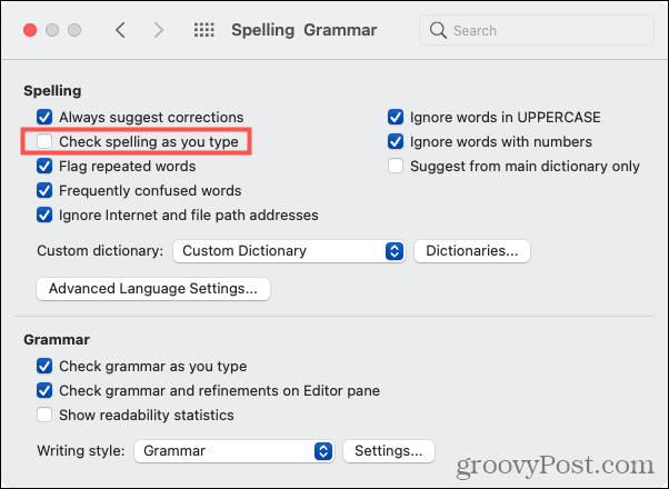 Отключить проверку орфографии в Word на Mac