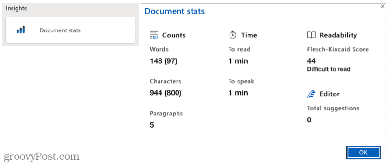 Статистика документа редактора Microsoft