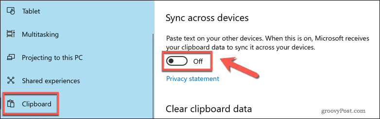 Включить синхронизацию облачного буфера обмена в Windows 10