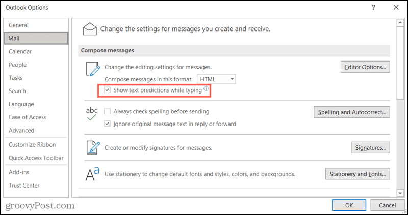 Включить подсказки текста в Outlook для Windows