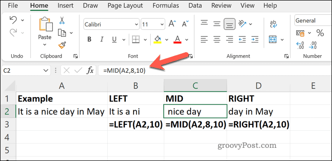 Пример функций MID RIGHT и LEFT в Excel