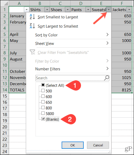 Отфильтровать пустые строки в Excel