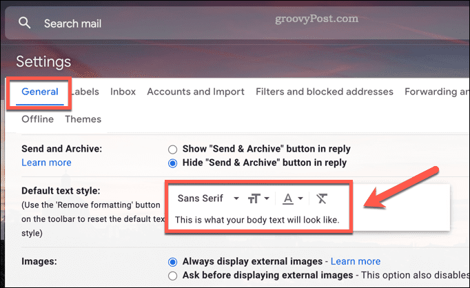 Изменение настроек стиля шрифта по умолчанию в Gmail