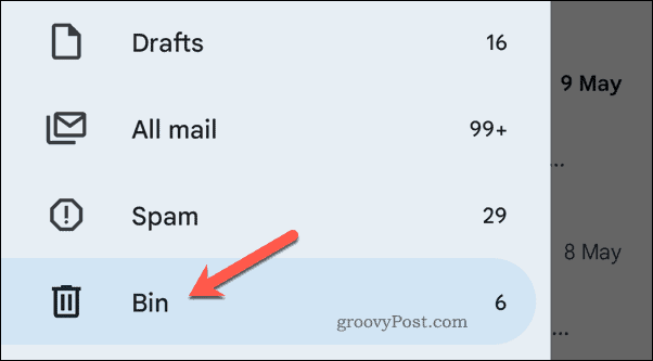 Открытие корзины в Gmail на мобильном устройстве
