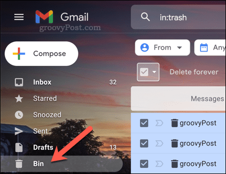Открытие папки «Корзина» (Bin) в Gmail