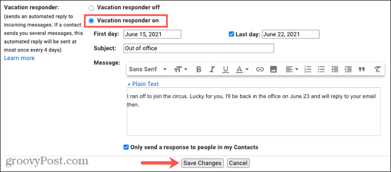 Автоответчик Gmail об отсутствии на работе онлайн 