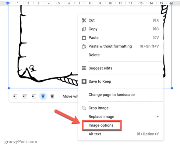 Открытие меню параметров изображения в Google Docs