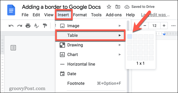 Вставка таблицы в Google Docs