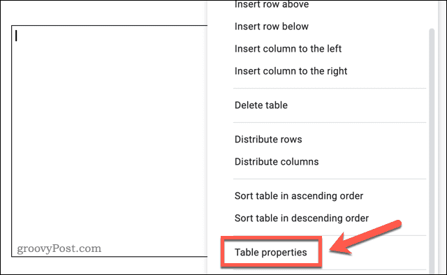 Доступ к меню параметров таблицы в Документах Google