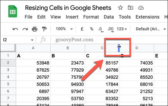 Курсор столбца или строки изменения размера в Google Sheets