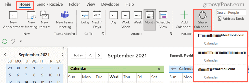 Общий доступ к календарю на рабочем столе Outlook