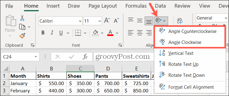Выберите угол ориентации в Excel, чтобы повернуть текст