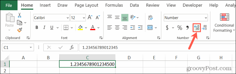Остановите округление чисел в Excel с помощью кнопки увеличения десятичного числа