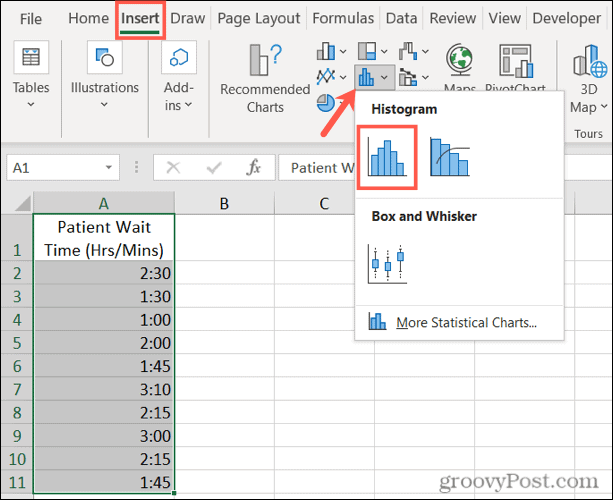 Вставить гистограмму в Excel