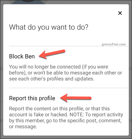 Выбор блокировки пользователя или жалобы на него в LinkedIn