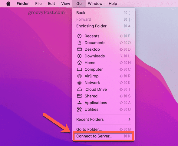 Открытие параметра Mac Finder «Подключиться к серверу»