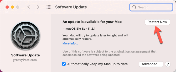Перезагрузка Mac, чтобы начать обновление системы
