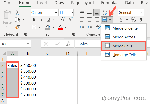 Объедините ячейки в Excel, чтобы повернуть текст