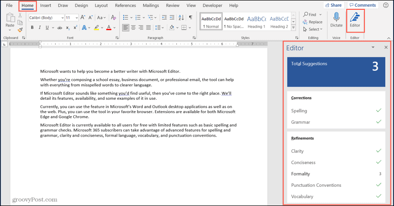 Кнопка Microsoft Editor и боковая панель на рабочем столе Word