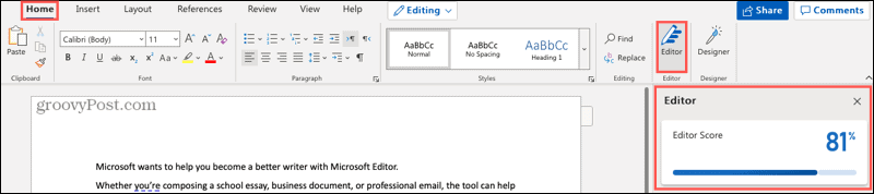 Кнопка Microsoft Editor и боковая панель в Word онлайн