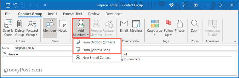 Добавление участников в новую группу контактов в Outlook