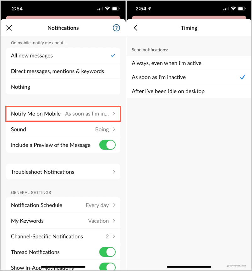 Уведомление о времени простоя в Slack Mobile
