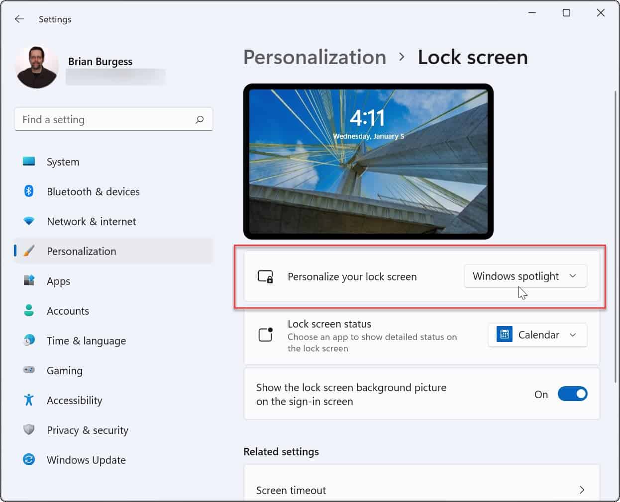 Персонализировать экран блокировки Windows 11