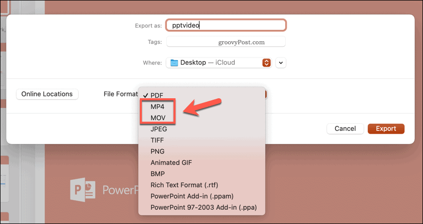 Выбор формата файла экспорта в PowerPoint на Mac