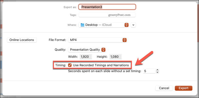 Использование записанного тайминга для экспортированного видео в PowerPoint на Mac