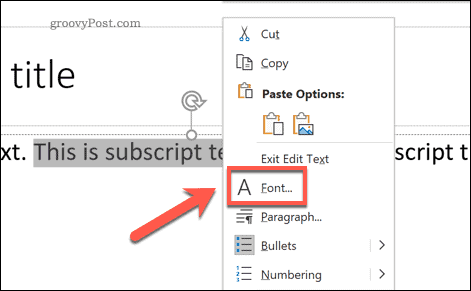 Доступ к меню параметров шрифта в PowerPoint в Windows через всплывающее меню параметров