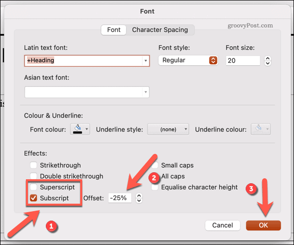Изменение шрифта на нижний или верхний индекс в Powerpoint на Mac