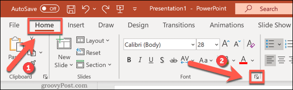 Доступ к меню параметров шрифтов в PowerPoint в Windows