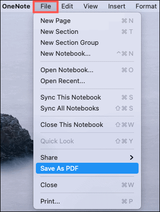 Сохранить как PDF OneNote Mac