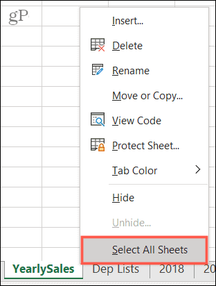 Выбрать все листы в Excel