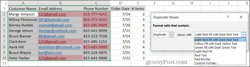 Выберите форматирование для дубликатов в Excel