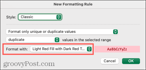 Выберите «Форматирование дубликатов» в Excel на Mac