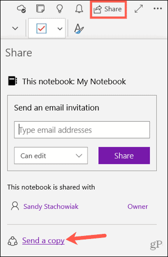Отправка копии заметки в OneNote для Windows 10