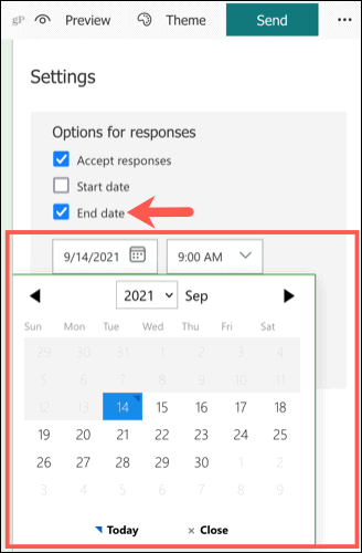 Настройка конечной даты в Microsoft Forms