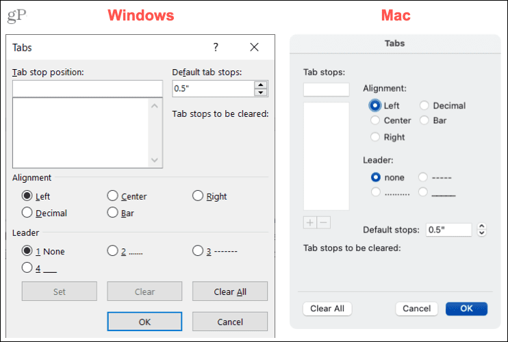 Параметры вкладок в Word для Windows и Mac