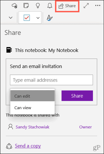 Общий доступ к записной книжке в OneNote для Windows 10