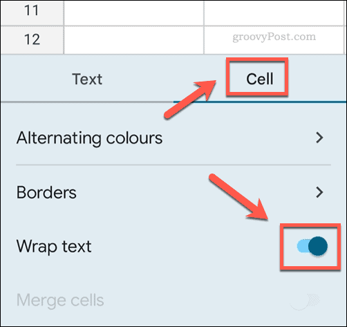 Ползунок для включения переноса текста в Google Таблицах на мобильных устройствах.