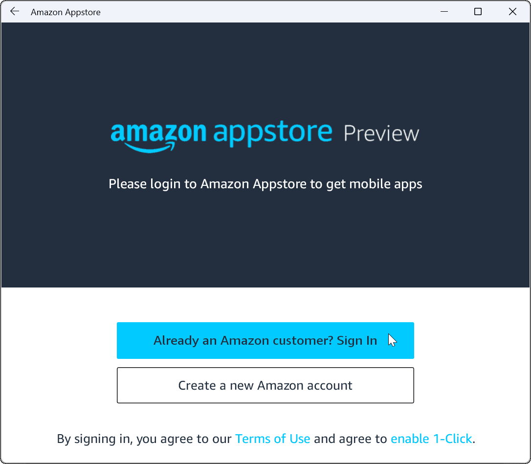 Войдите в Amazon Appstore в Windows 11
