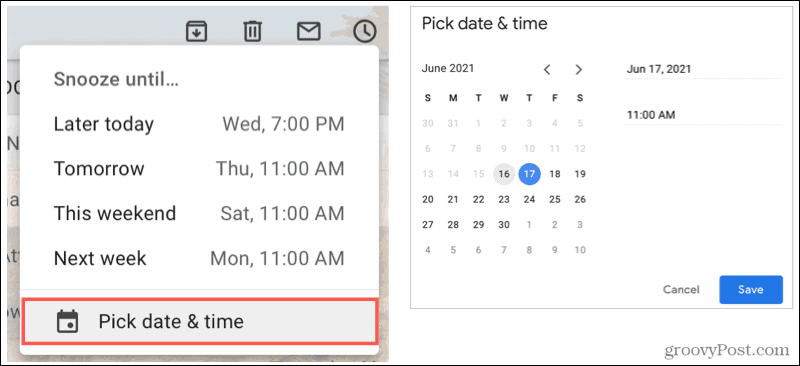 Выберите дату и время, чтобы отложить Gmail