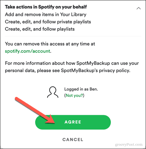 Подтверждение доступа SpotMyBackup к Spotify