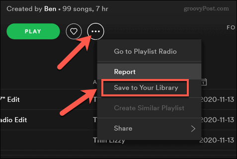 Сохранение плейлиста Spotify в пользовательской библиотеке