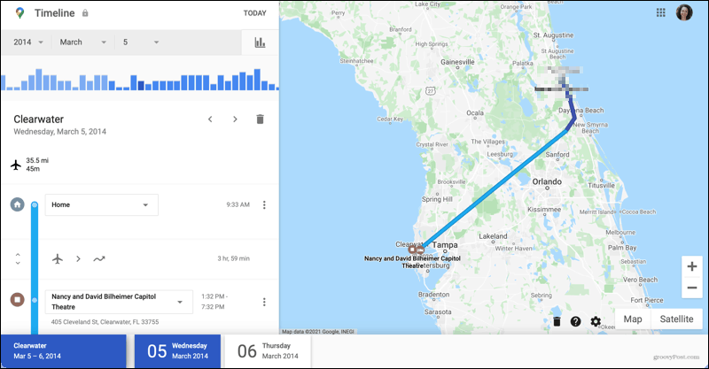 Подробная информация о поездке на временной шкале Google Maps