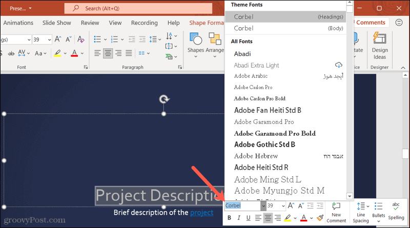 Шрифты на панели инструментов в PowerPoint в Windows