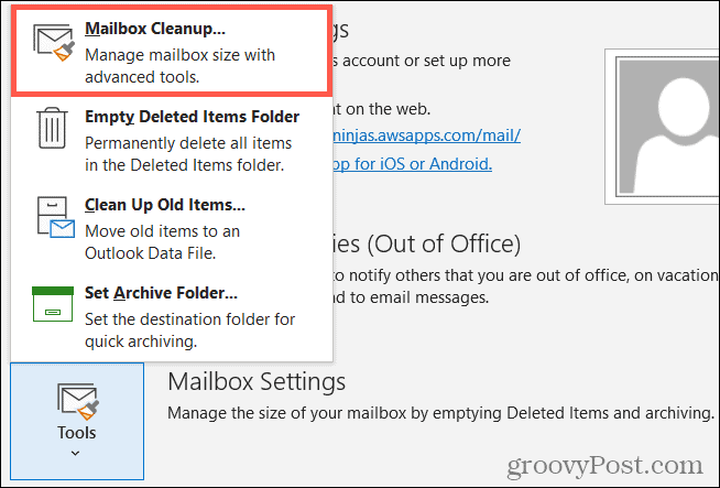 Инструменты, очистка почтового ящика в Outlook