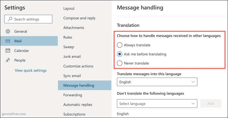 Настройки перевода в Outlook онлайн