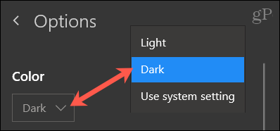 Выберите Цвет, Темный для OneNote Windows 10